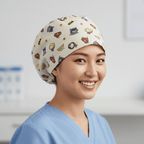 DC Comics Kawaii Peach scrub cap shown on model