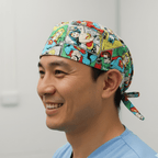 DC Comics Superheroes Colour Comic scrub cap shown on model