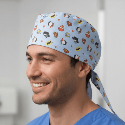 DC Kawaii | Batman | Wonder Woman On Blue scrub cap shown on model