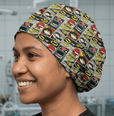 DC Kawaii Comic Strip scrub cap shown on model