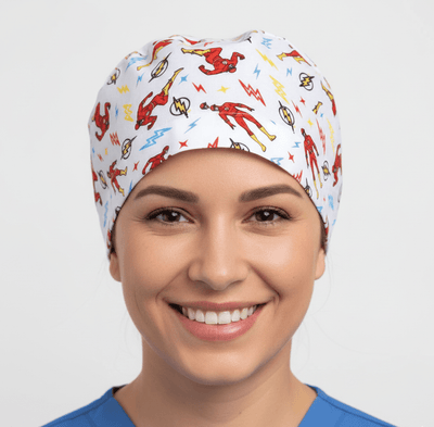 DC Superheroes Flash Cartoon Style scrub cap shown on model