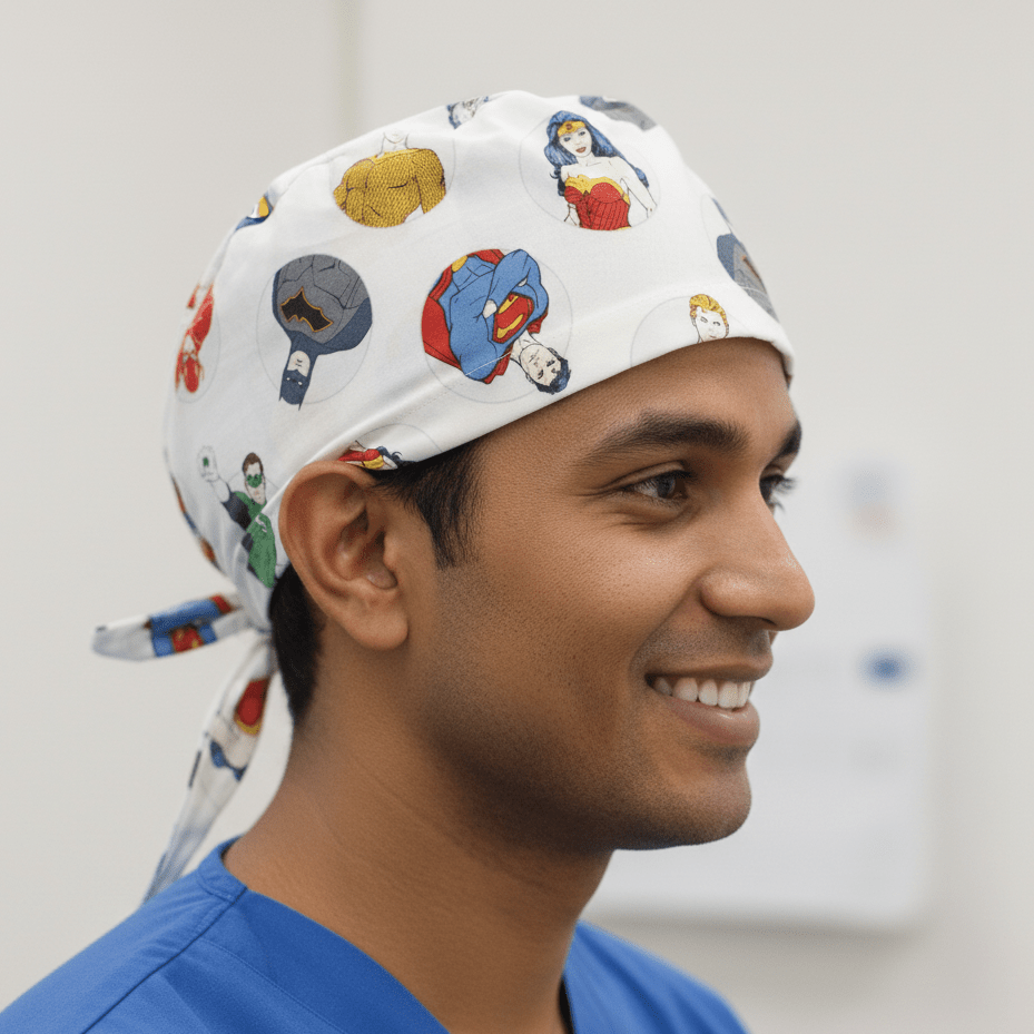 Gorro quirúrgico blanco con círculos de personajes de DC Universe