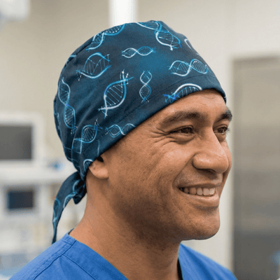 DNA Science scrub cap shown on model