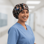 Day Of The Dead Dancing Skeletons scrub cap shown on model