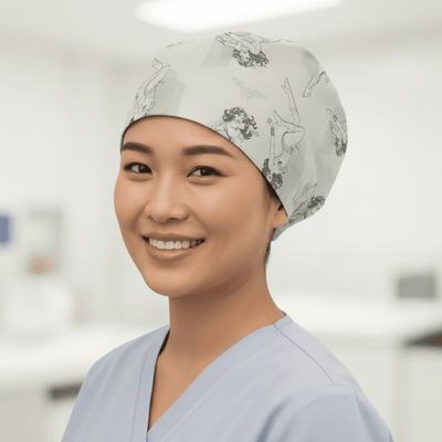 Dc Comic Wonder Woman Light Grey Monochrome scrub cap shown on model
