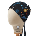 Side profile view of space-themed scrub cap featuring planets, rockets, and spaceships on black fabric