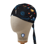 Side view of black scrub cap featuring colorful spaceships, planets and rockets space pattern