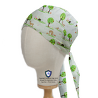 Deers In Park Trees scrub cap in Bandana tie-back style