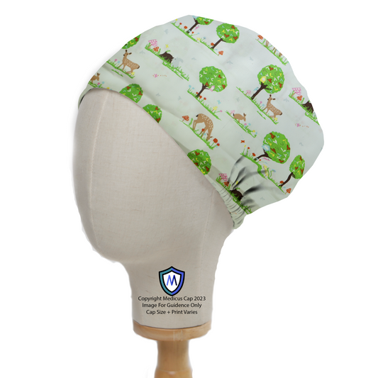 A mannequin head displays the Medicus Deers In Park Trees scrub cap, a light green design featuring deer, trees, and bears, crafted for comfort and eco-friendliness.