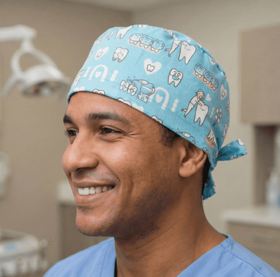 Dental Hygienist Teeth Cleaning Blue scrub cap shown on model