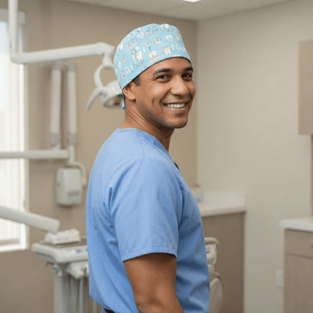 Dental Hygienist Teeth Cleaning Blue scrub cap pattern detail on mannequin