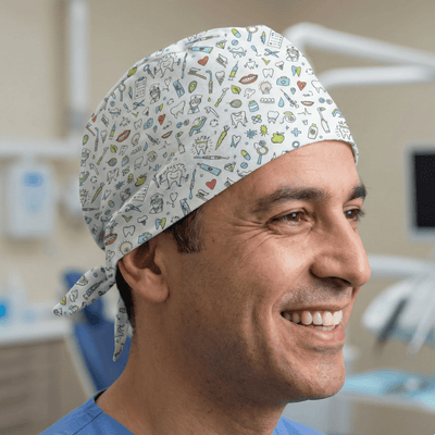 Dental Teeth Dentist Mash Up scrub cap shown on model