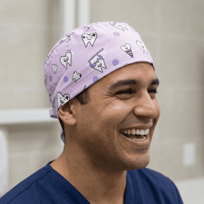 Dentist Happy Teeth Purple scrub cap shown on model