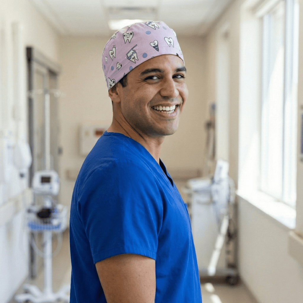 Dentist Happy Teeth Purple scrub cap pattern detail on mannequin