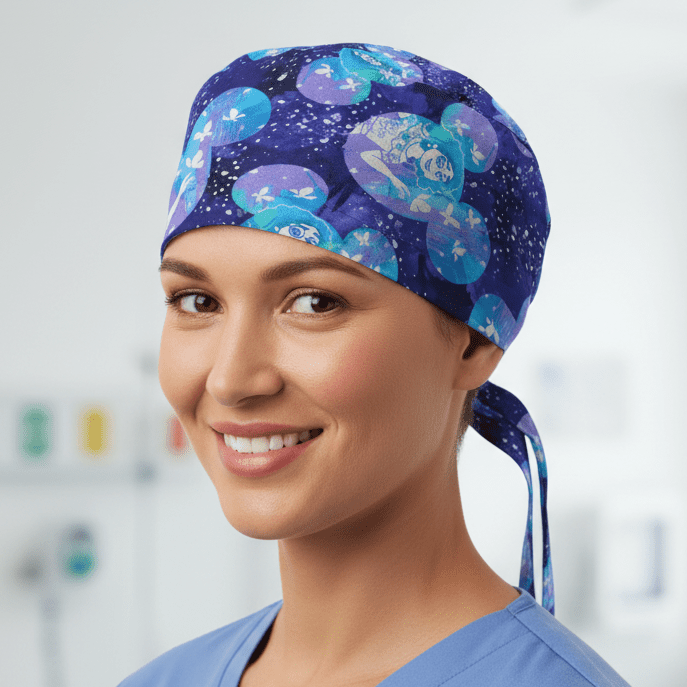 Gorro quirúrgico de princesa Disney Blancanieves sobre fondo rosa