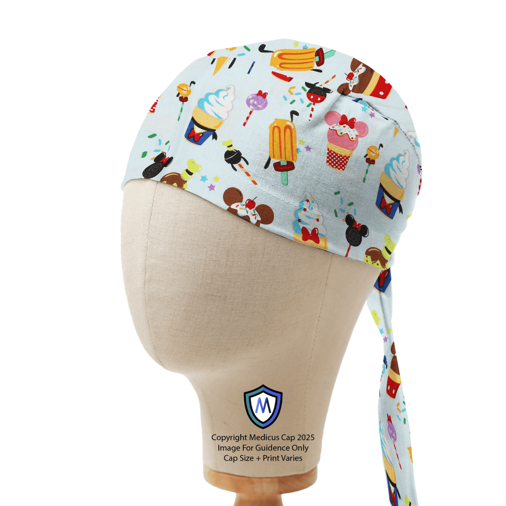 Light blue Medicus scrub cap featuring Disney-themed summer treats like ice creams and ice lollies with Mickey and Minnie-inspired designs.