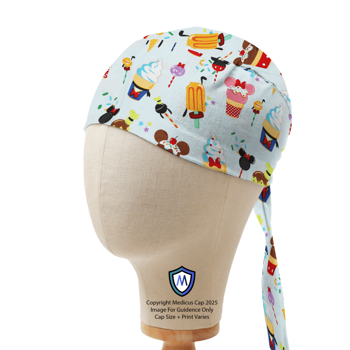 Light blue Medicus scrub cap featuring Disney-themed summer treats like ice creams and ice lollies with Mickey and Minnie-inspired designs.