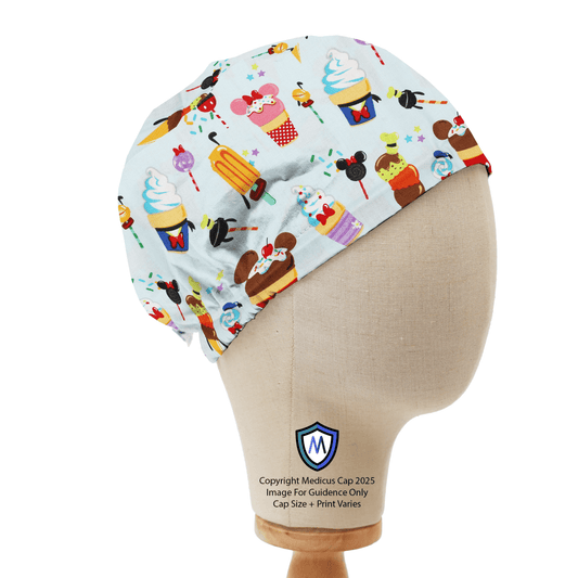 Medicus Scrub Cap featuring a fun Disney-inspired summer treats pattern with Mickey-shaped ice creams and lollies on a light blue background.