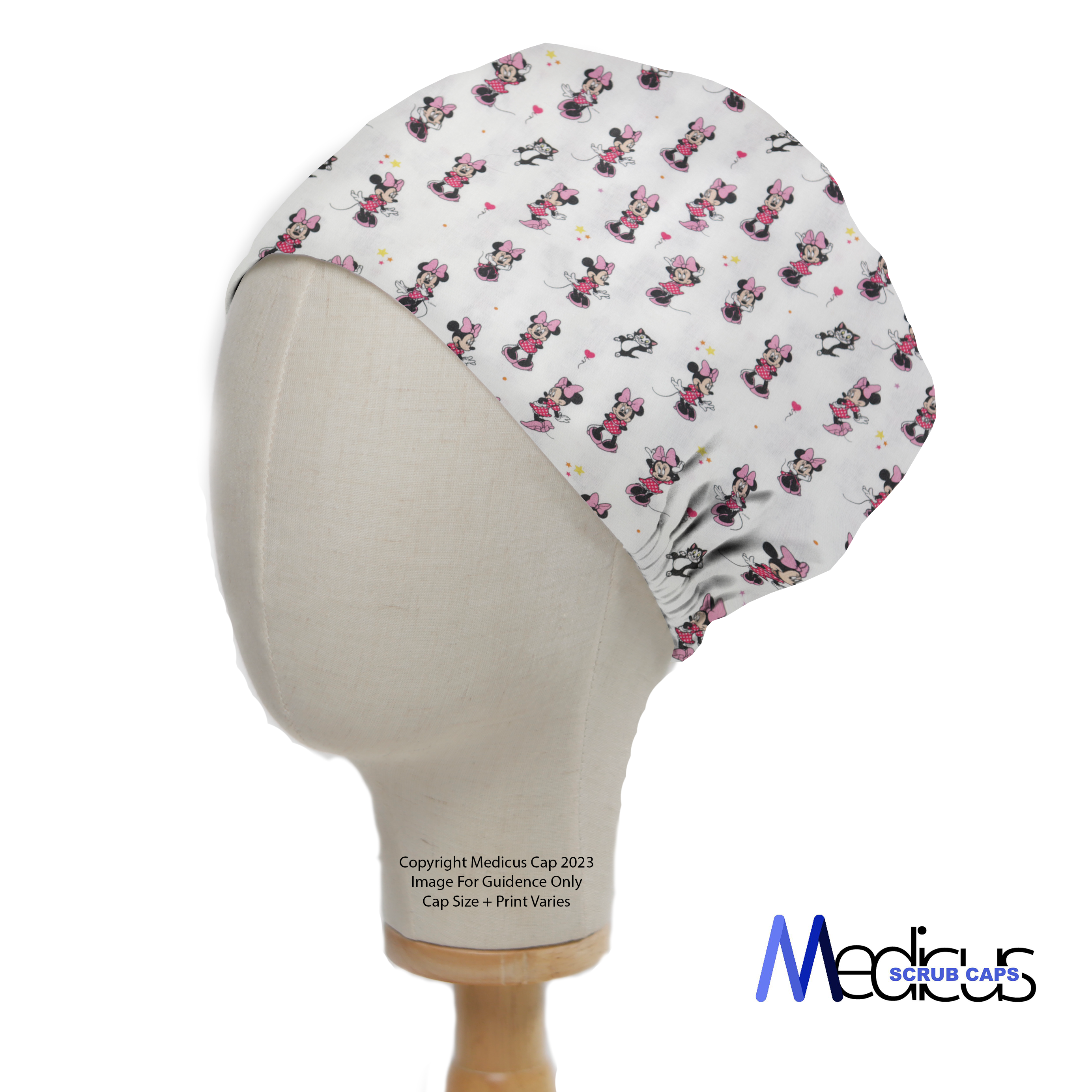 Disney Mini Mouse Scrub Cap from Medicus Scrub Caps, featuring a playful Minnie Mouse pattern on a white fabric, displayed on a mannequin head.