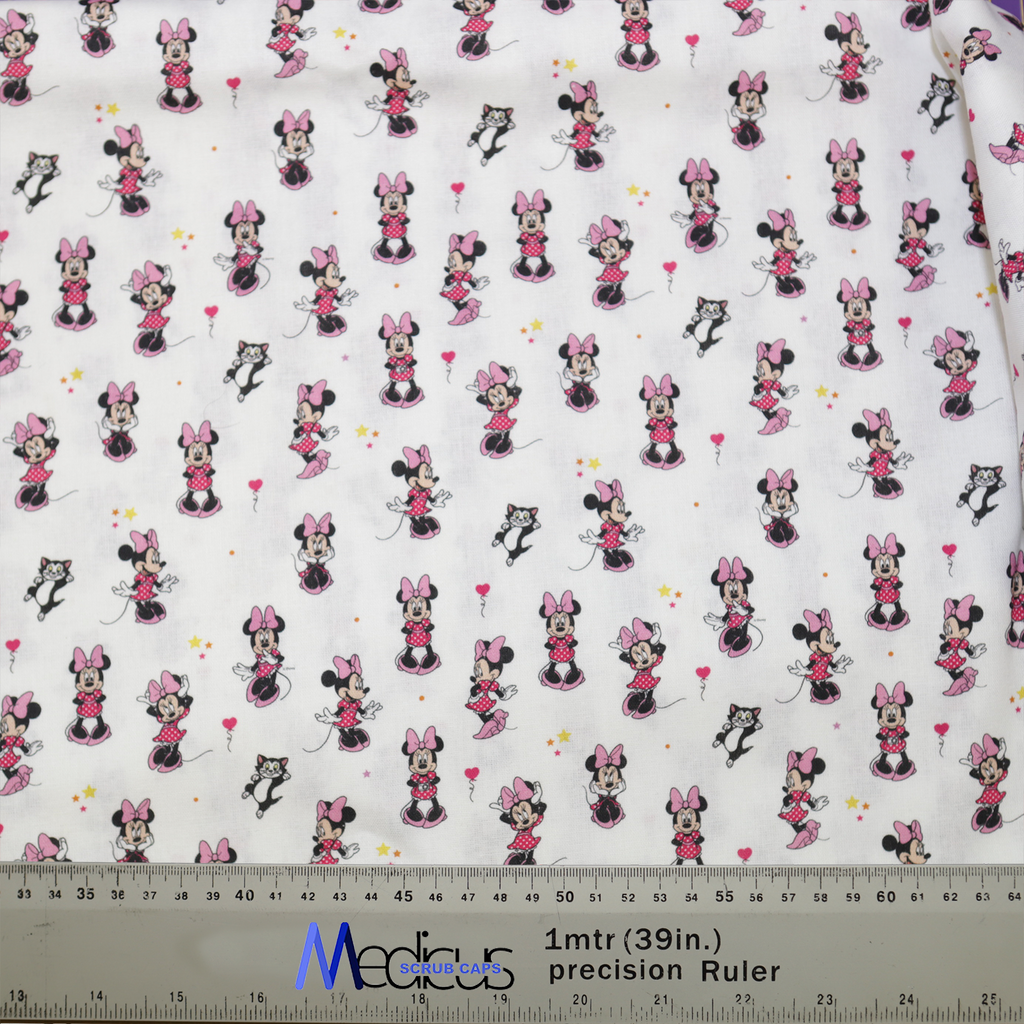 Disney Mini Mouse Scrub Cap from Medicus Scrub Caps, featuring a playful Minnie Mouse pattern with pink accents on a white background.