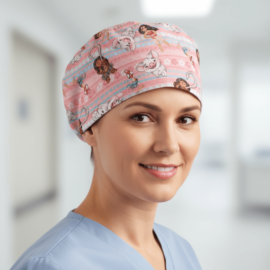 Gorro quirúrgico de princesa Disney Blancanieves sobre fondo rosa