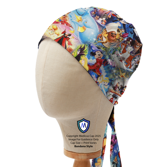 Disney-themed Medicus Scrub Cap featuring a vibrant collage of classic characters. Bandana style with tie-back design. Handle: "disney-overload-theatre-cap."