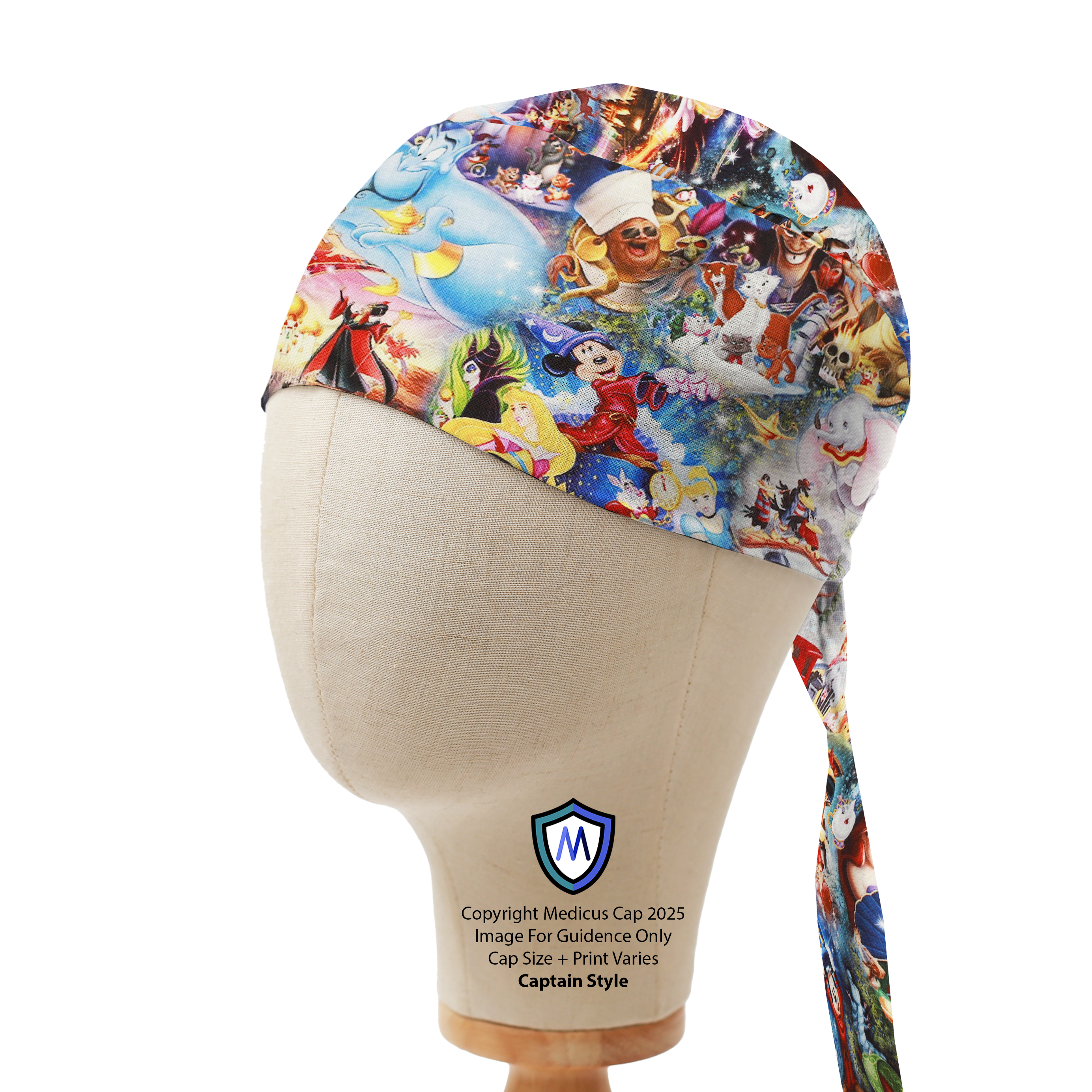 Mannequin head wearing Medicus Scrub Cap with Disney-themed print featuring various characters, including Mickey Mouse and Genie.