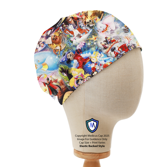 Medicus Scrub Cap featuring a vibrant Disney-themed collage, including classic characters. Elastic-backed style for a secure fit. Handle: "disney-overload-theatre-cap".