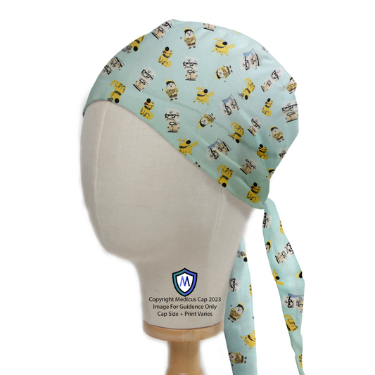 Disney Pixar UP Movie Scrub Cap from Medicus Scrub Caps, featuring characters on a light blue background. Comfortable, stylish, and perfect for medical professionals.