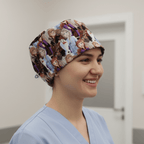 Disney Frozen Crowd scrub cap shown on model