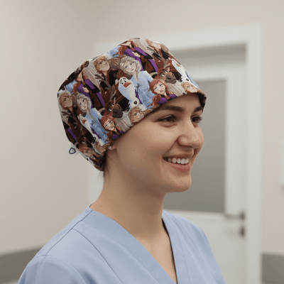 Disney Frozen Crowd scrub cap shown on model