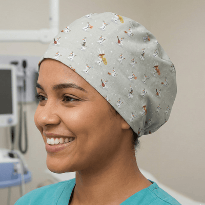 Disney Frozen Olaf Skating Music Grey scrub cap shown on model