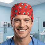Disney Marvel Head Toss Red scrub cap shown on model