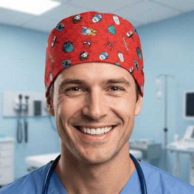 Disney Marvel Head Toss Red scrub cap shown on model