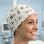 Disney Mickey Character Mashup Pluto Daffy Spread Ivory Grey Stars scrub cap shown on model