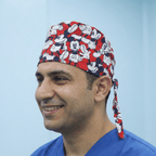 Disney Mickey Mouse On Red scrub cap fabric texture close-up