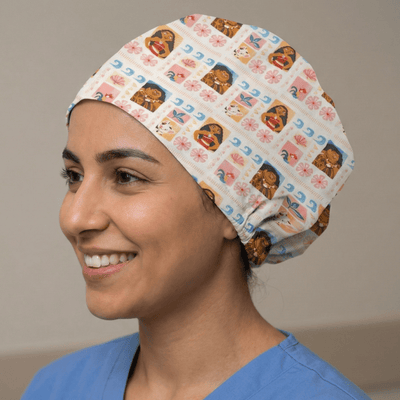 Disney Moana Strips scrub cap shown on model