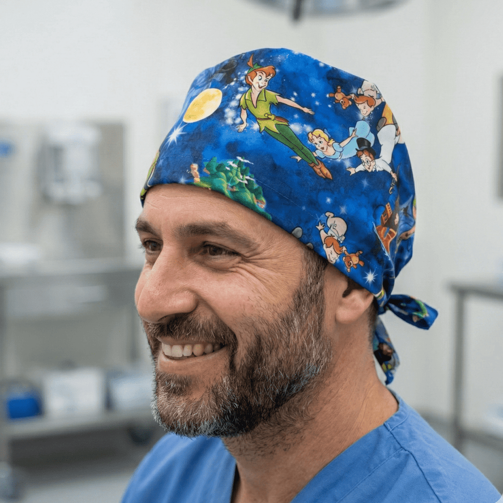 Disney Peter Pan scrub cap shown on model