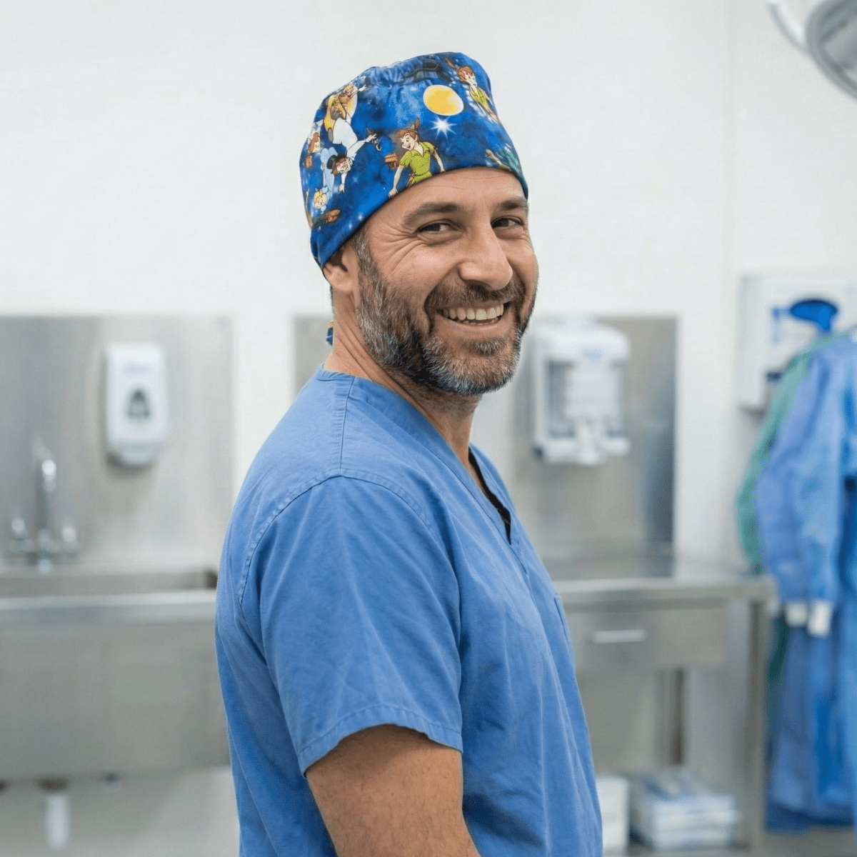 Disney Peter Pan scrub cap pattern detail on mannequin