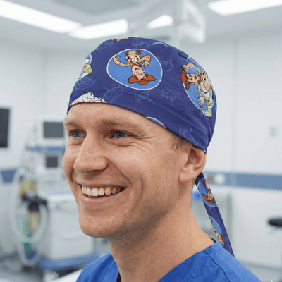 Disney Pixar Toy Story Buzz Woody Circles scrub cap shown on model