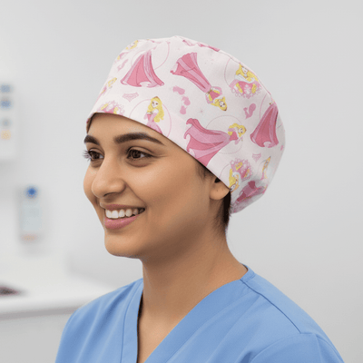 Disney Princess Sleeping Beauty scrub cap shown on model