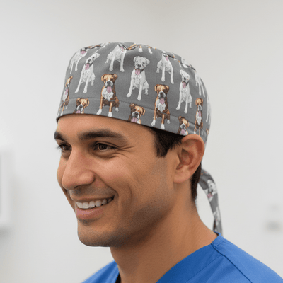 Dog Breeds Boxers Grey scrub cap shown on model
