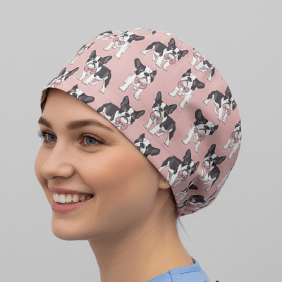 Dog Breeds French Bulldog Salmon Pink scrub cap shown on model