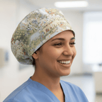Dogs Easter Bunnies scrub cap shown on model