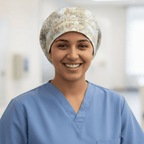 Dogs Easter Bunnies scrub cap shown on model