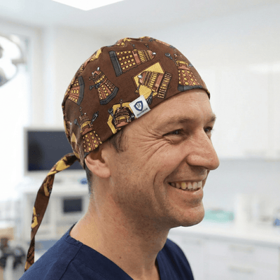 Dr Who Dalek Brown scrub cap shown on model