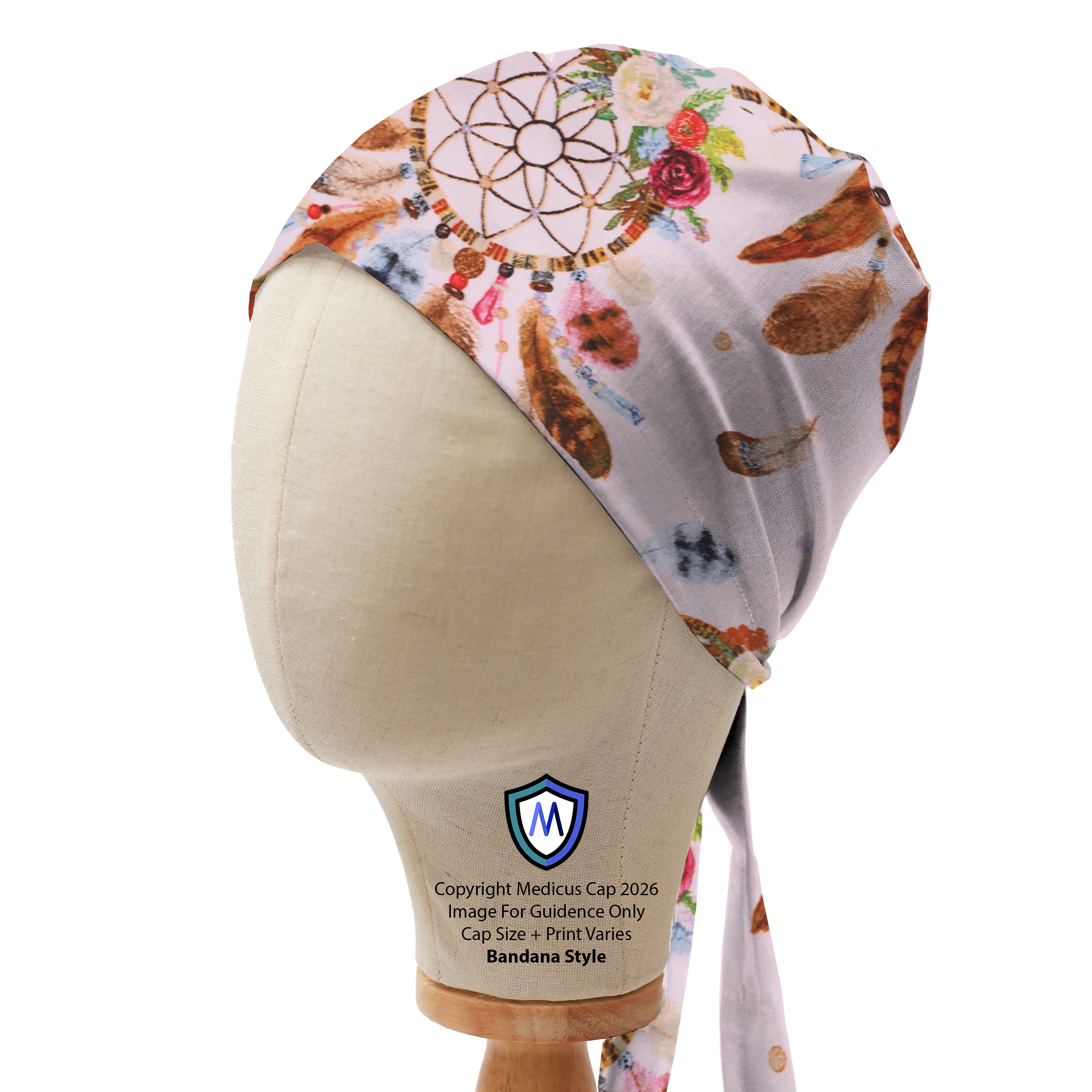Dream Catcher Boho Feathers scrub cap in Bandana tie-back style