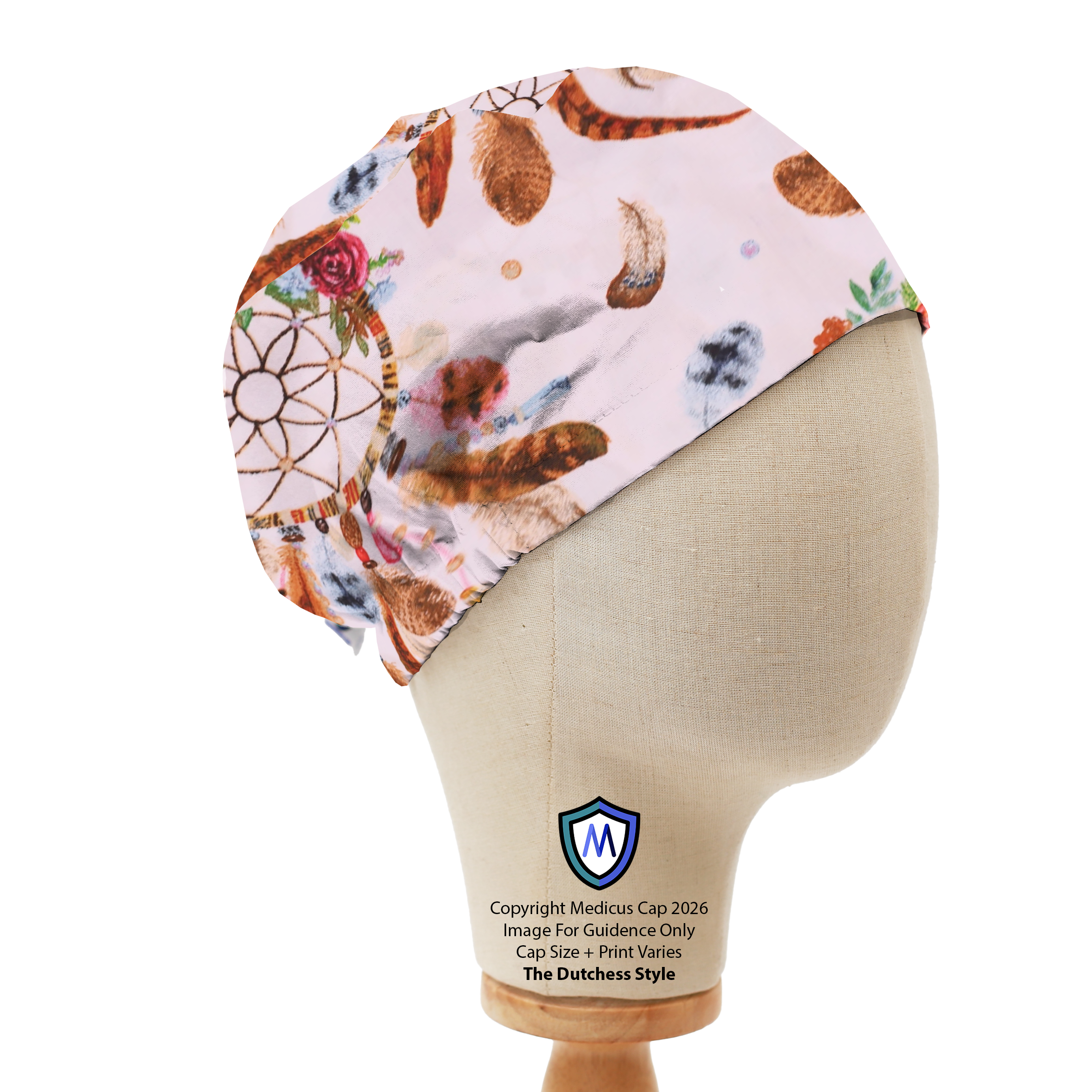 Dream Catcher Boho Feathers scrub cap pattern shown flat