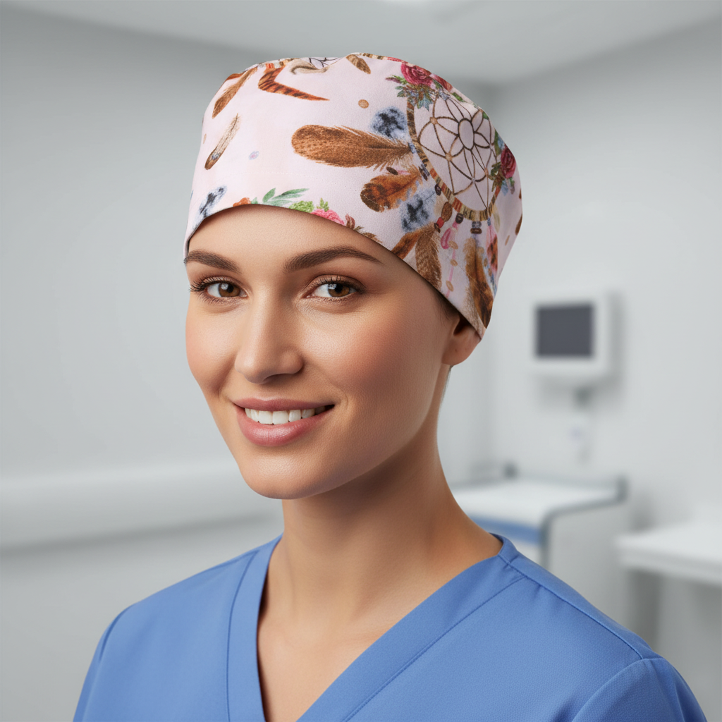 Dream Catcher Boho Feathers scrub cap shown on mannequin head