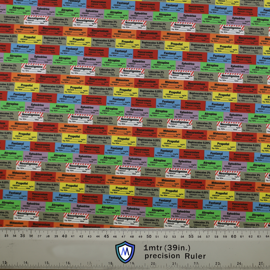 Anaesthetist Drug Labels Scrub Cap from Medicus Scrub Caps, featuring a colorful pattern of medication labels on fabric, measured with a precision ruler.